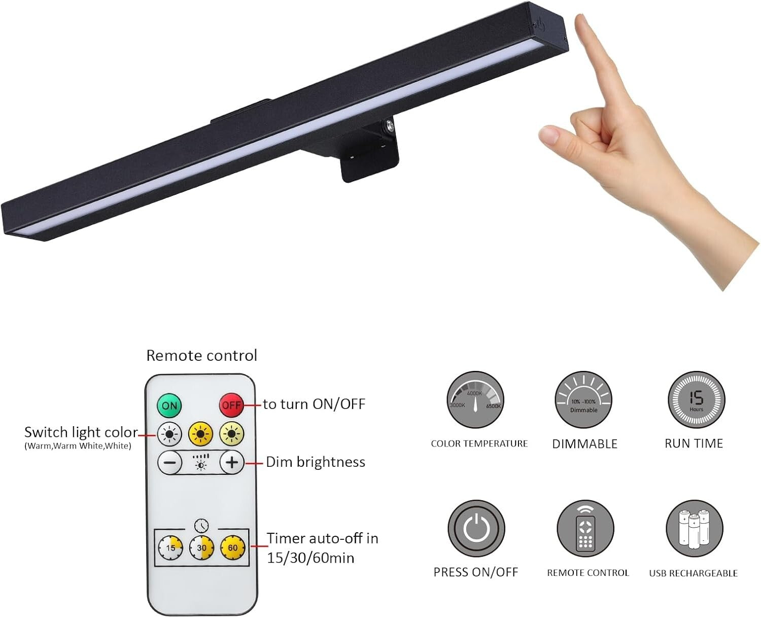 Rechargeable Battery-Operated LED Picture Light with Timer - 3 Colors, 2-Pack