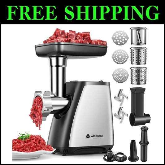 4-in-1 Electric Meat Grinder - 2800W Max, Stainless Steel with Sausage & Kubb...