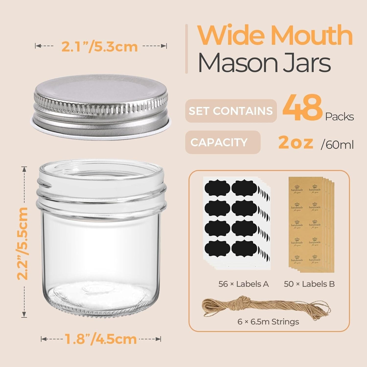Microwave & Freezer Safe 2 oz Mason Jars - 48 Pack Ideal for DIY Gift Ideas
