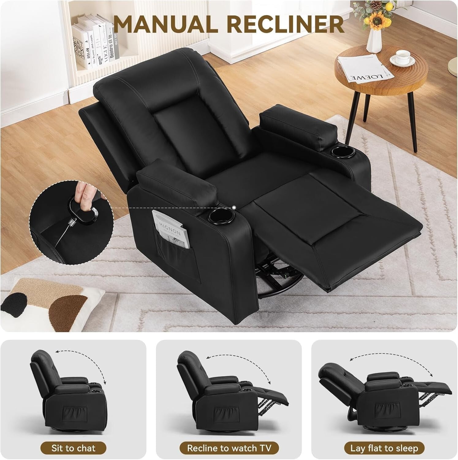Contemporary Black Recliner Chair with Massage, Cup Holders, and Storage Pockets