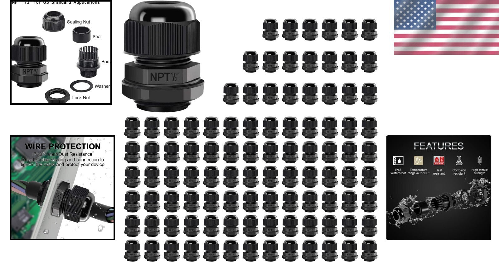 100-Pack NPT 1/2’ Waterproof Cable Glands - Reliable Black Nylon Connectors