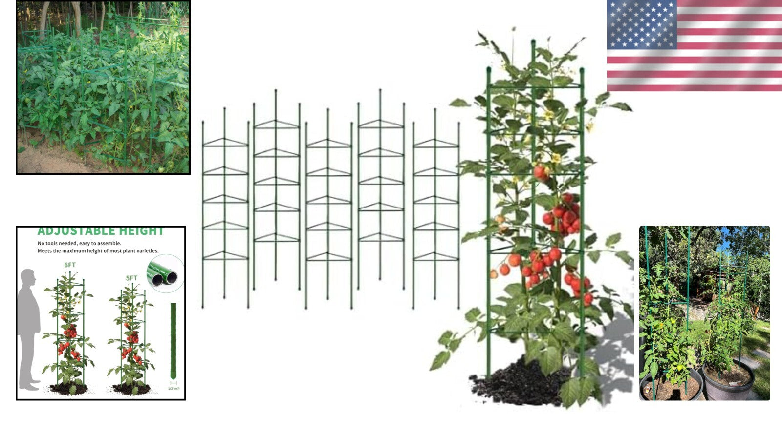 6-Pack 6ft Green Tomato Cages - Durable Support for Climbing Plants & Vegetables