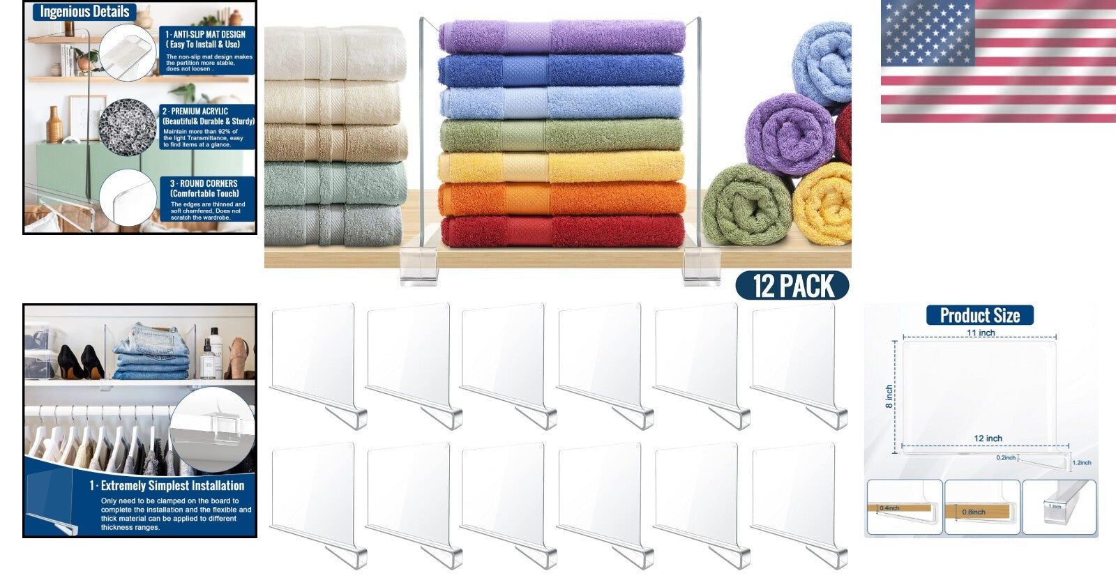 12 Pack Clear Acrylic Shelf Dividers for Stylish Closet and Home Organization