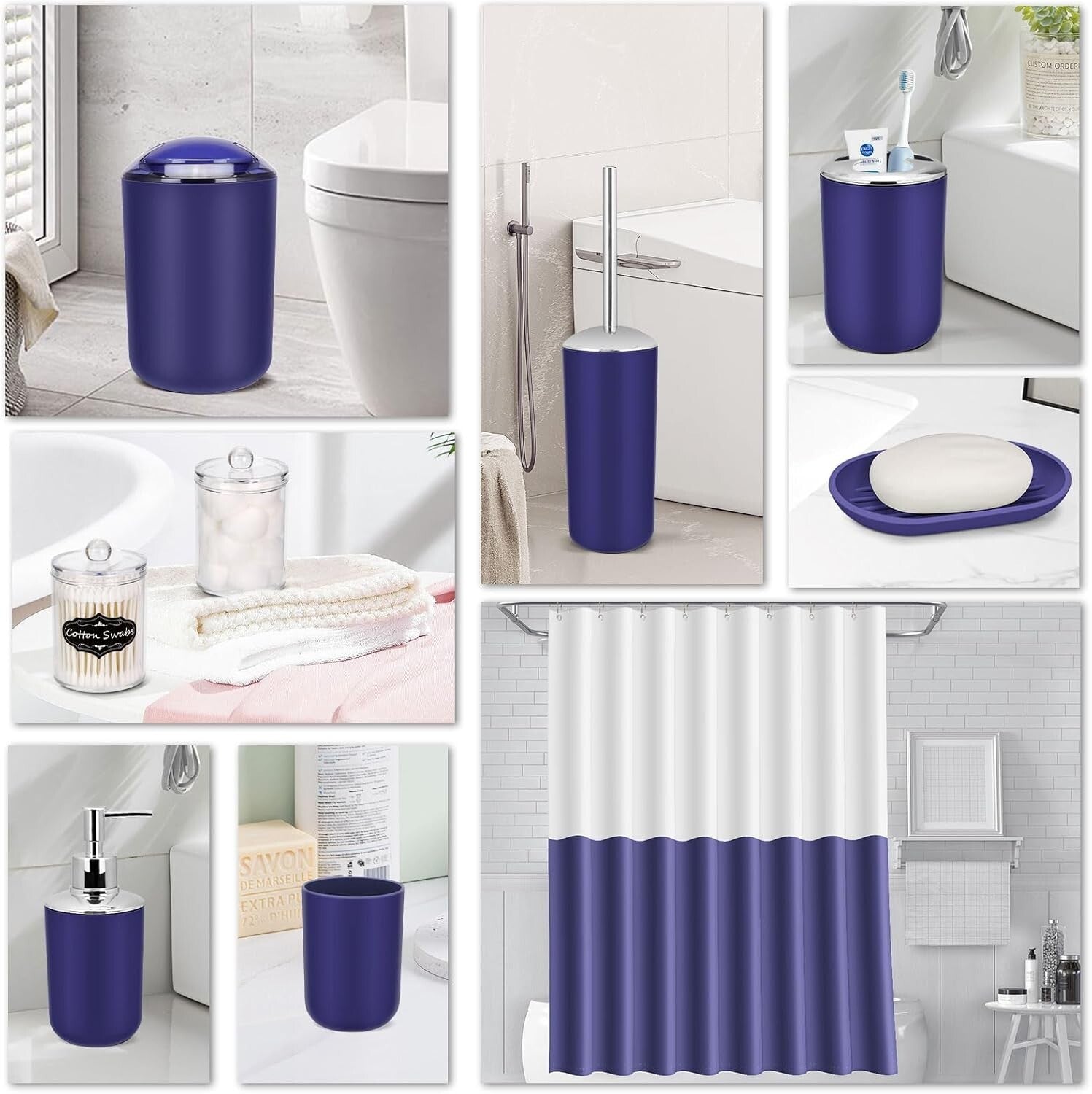 Durable Navy Blue Bathroom Accessories Set – Shower Curtain & Storage Solutions