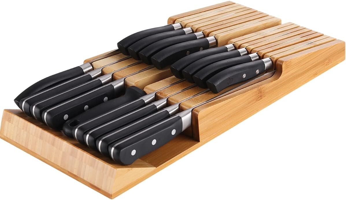 Elegant Bamboo In-Drawer Knife Block Organizer for 16 Knives - Detachable Design