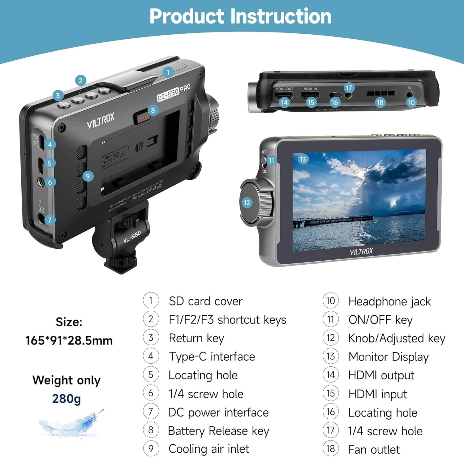 Compact 1200 Nits Camera Monitor with Sunshade & Multiple Power Supply Options