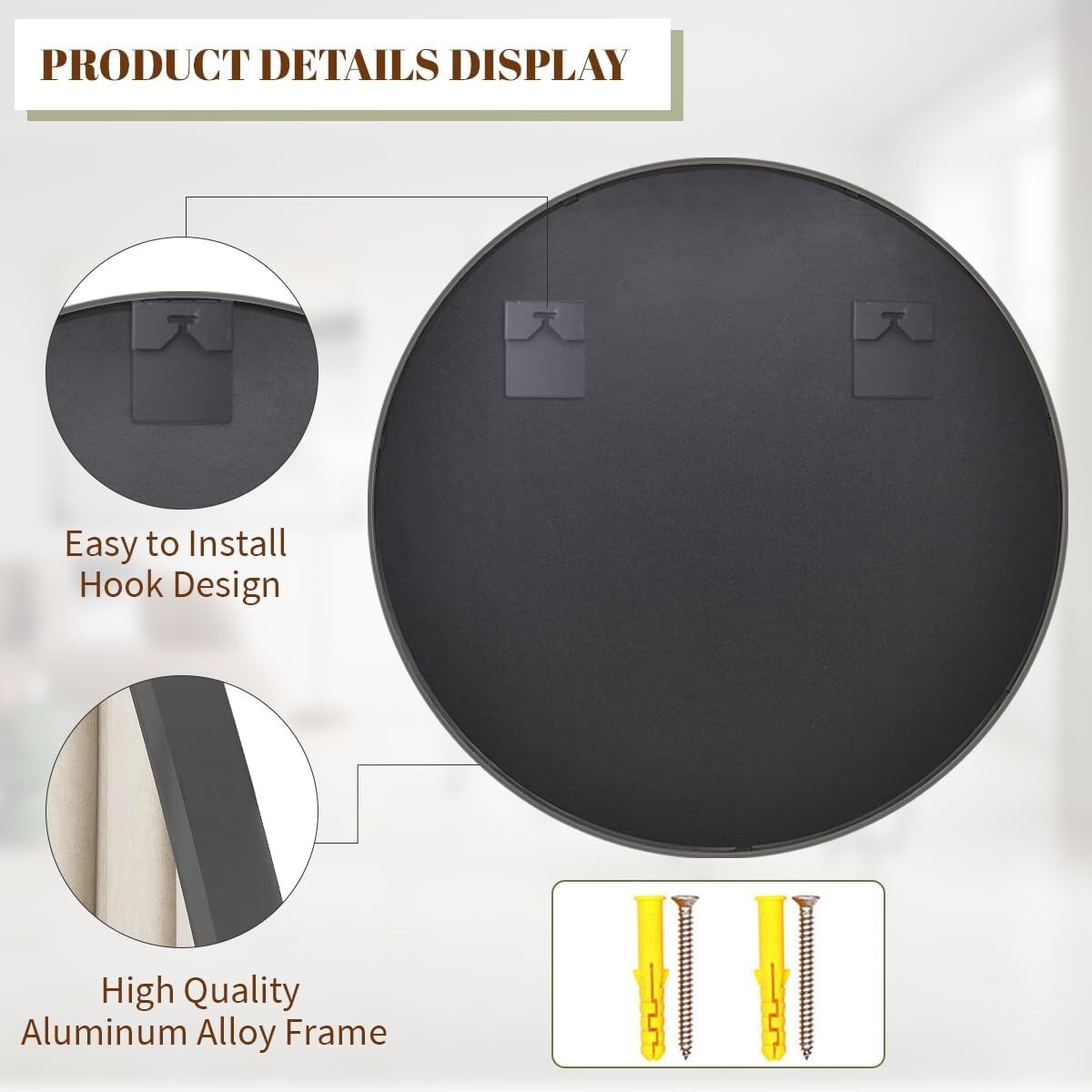 42-Inch Round Wall Mirror - Elegant Black Aluminum Frame for Versatile Decor