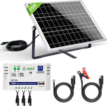 Load image into Gallery viewer, 25 Watts 12V Off Grid Solar Panel Kit with Adjustable Mount &amp; Charge Controller