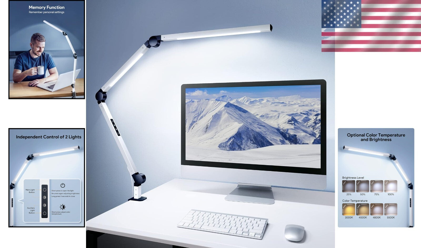 Modern Dual Light Clamp Desk Lamp - Eye-Caring Dimmable LED with Touch Control