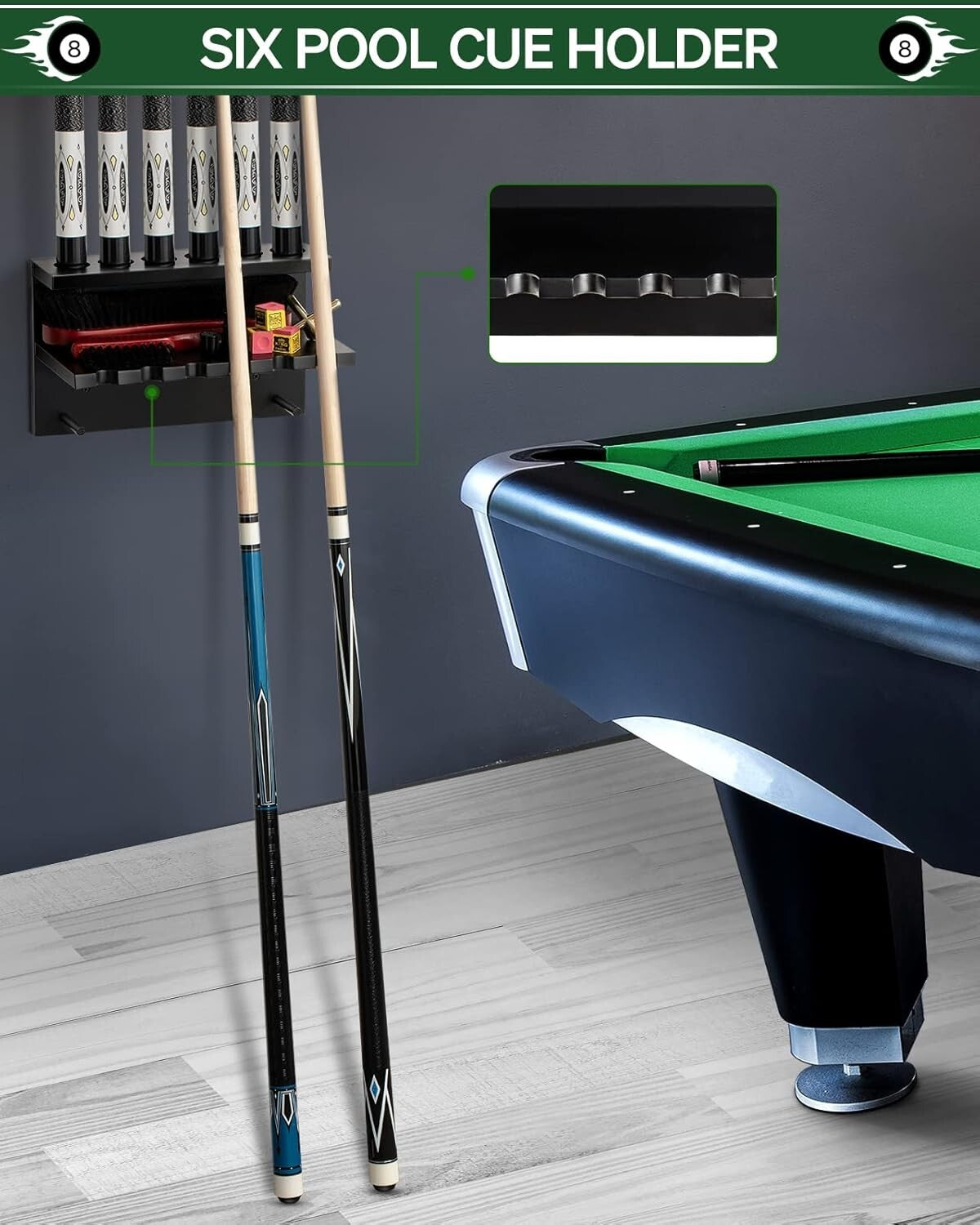 Classic Oak Pool Cue Storage Rack - Holds 6 Cues & Billiard Accessories