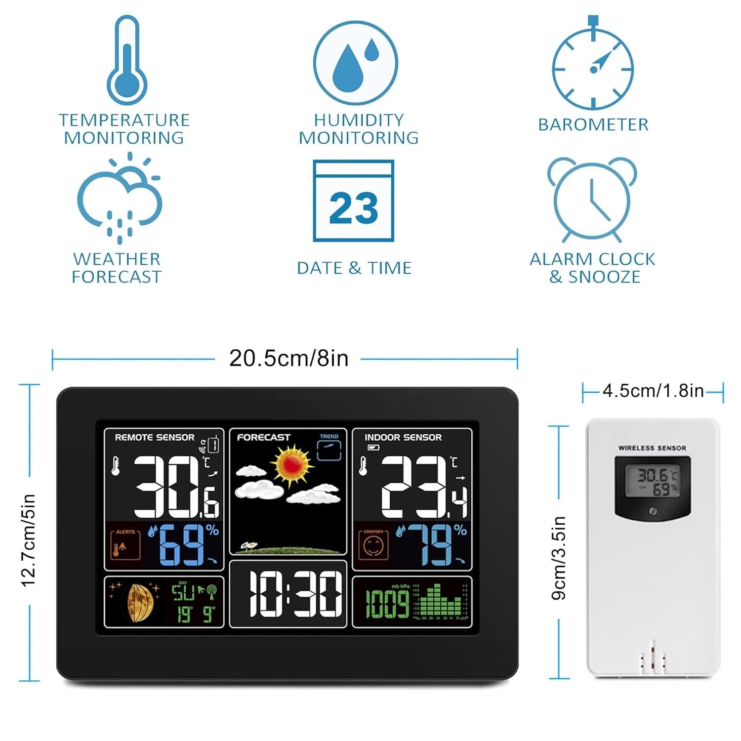 Color Display Indoor/Outdoor Thermometer with Bluetooth & Alarm Functionality