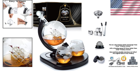 9-in-1 Globe Whiskey Decanter Set with Stainless Steel Stones & Cleaning Beads