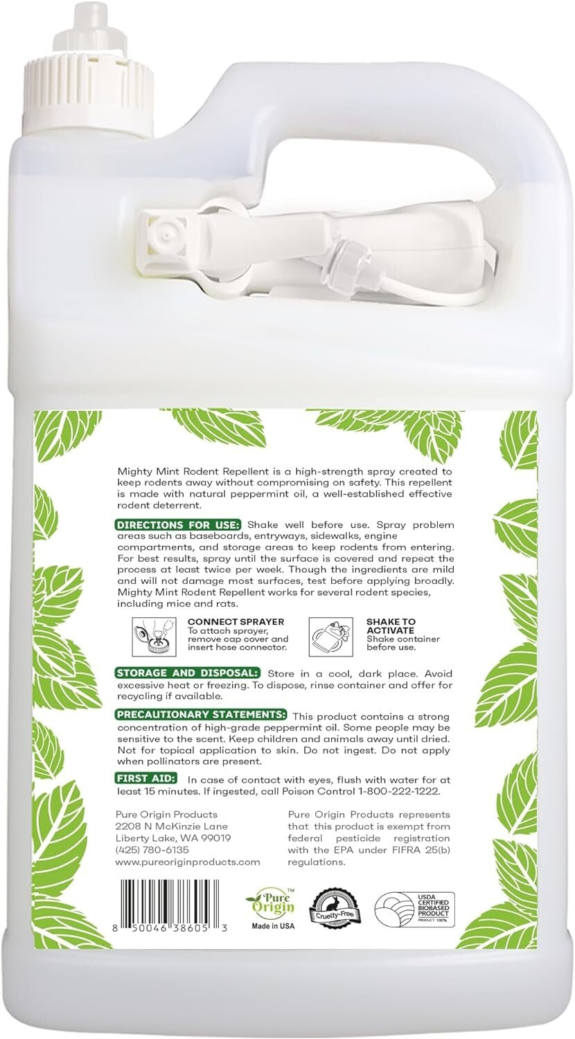 1 Gallon Natural Peppermint Oil Spray - Effective Rodent Repellent with Cloth