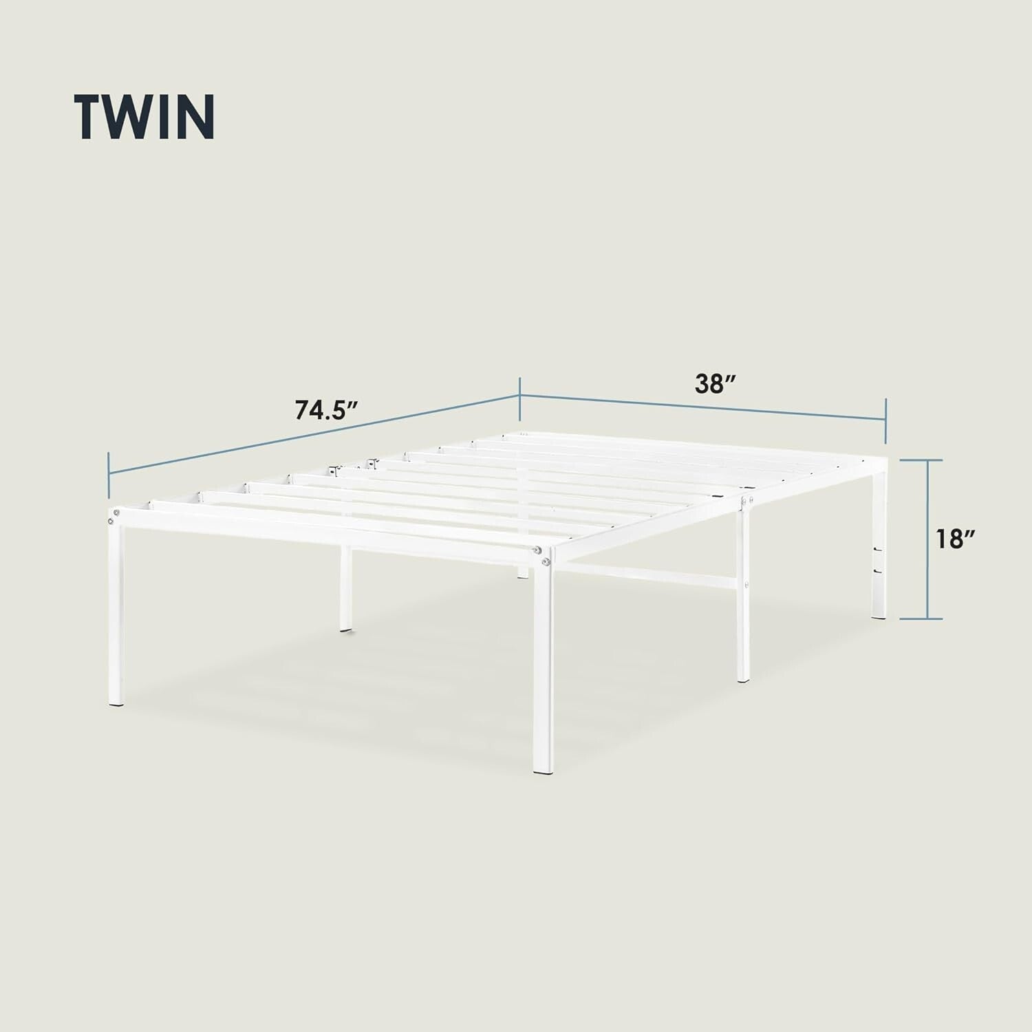 Elegant 18-Inch White Metal Platform Bed Frame with Steel Slats - Twin Size