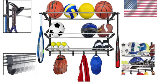 Customizable Wall-Mount Sports Organizer: Stylish Garage Gear Storage with Hooks
