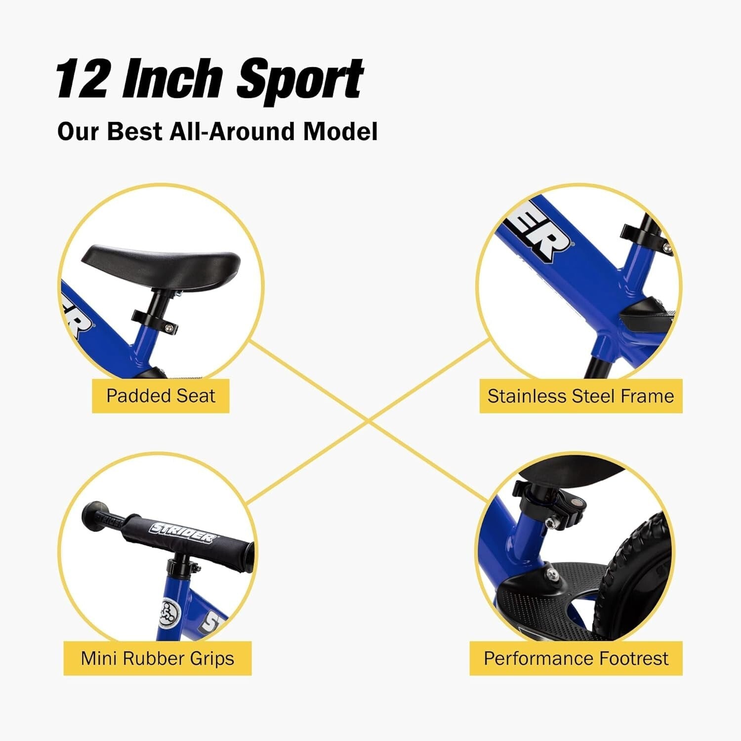 Blue 12" Balance Bike for Toddlers - Padded Seat, Mini Grips & Flat-Free Tires