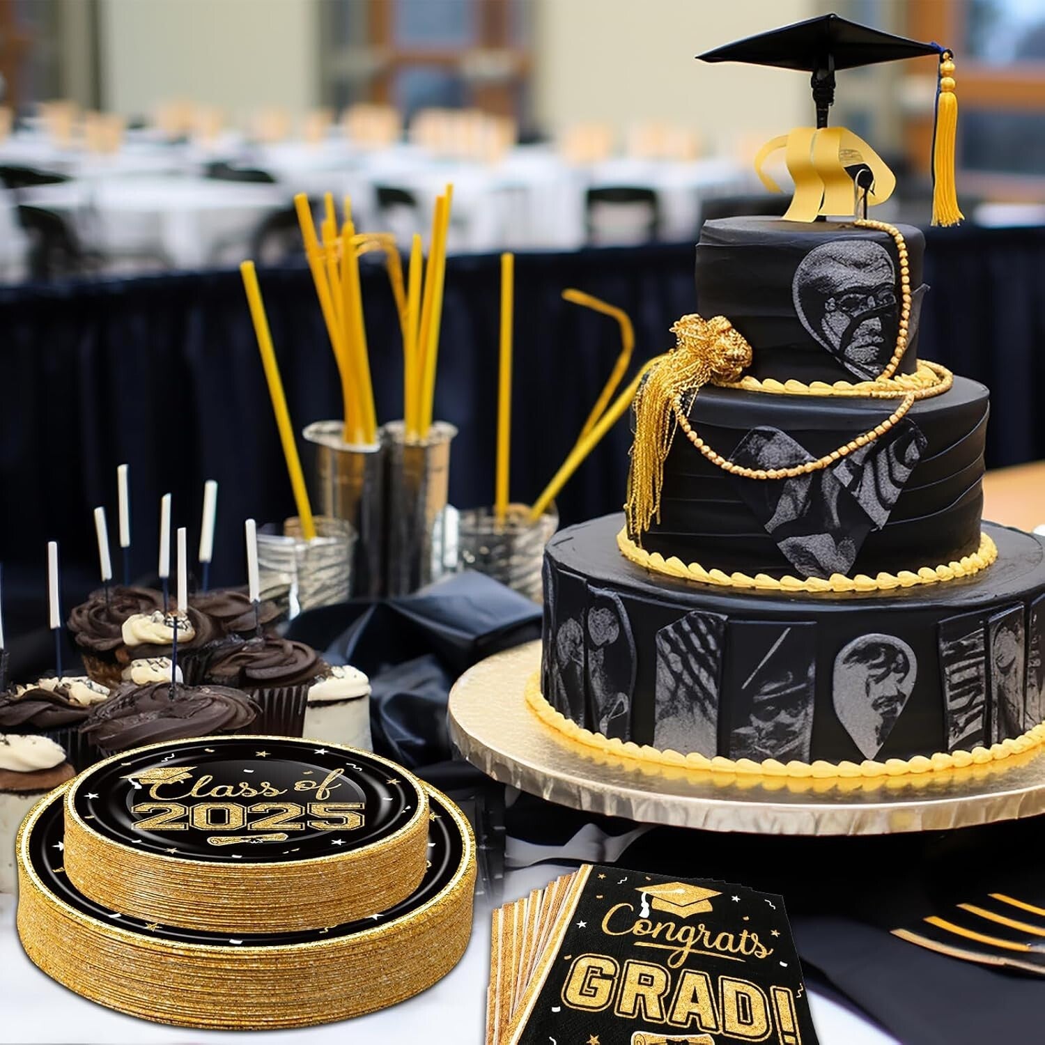 320Pcs Black & Gold Graduation Party Supplies - Elegance for Class of 2025