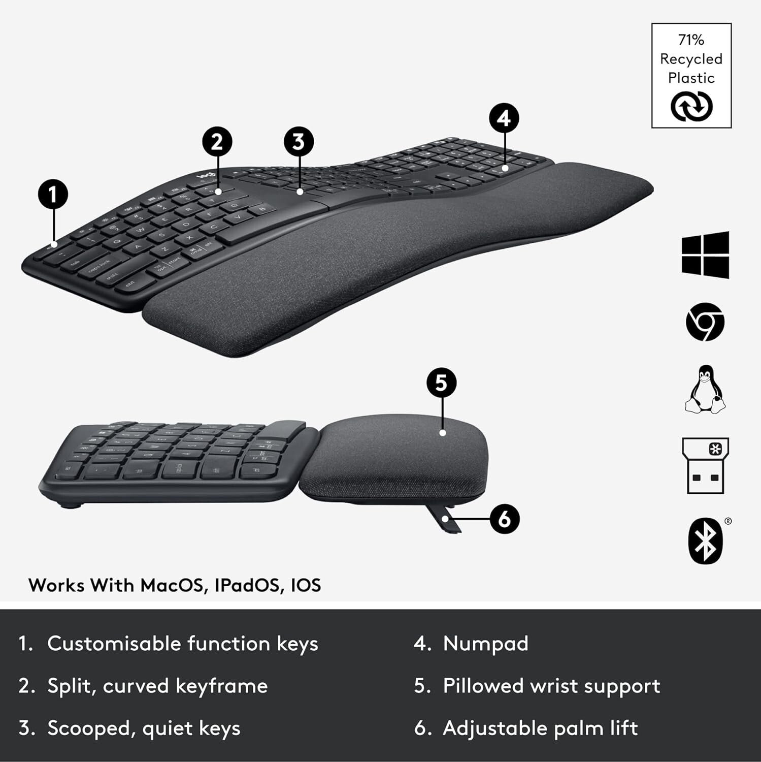 Wireless ERGO K860 Ergonomic Keyboard with Split Design & Wrist Rest Comfort