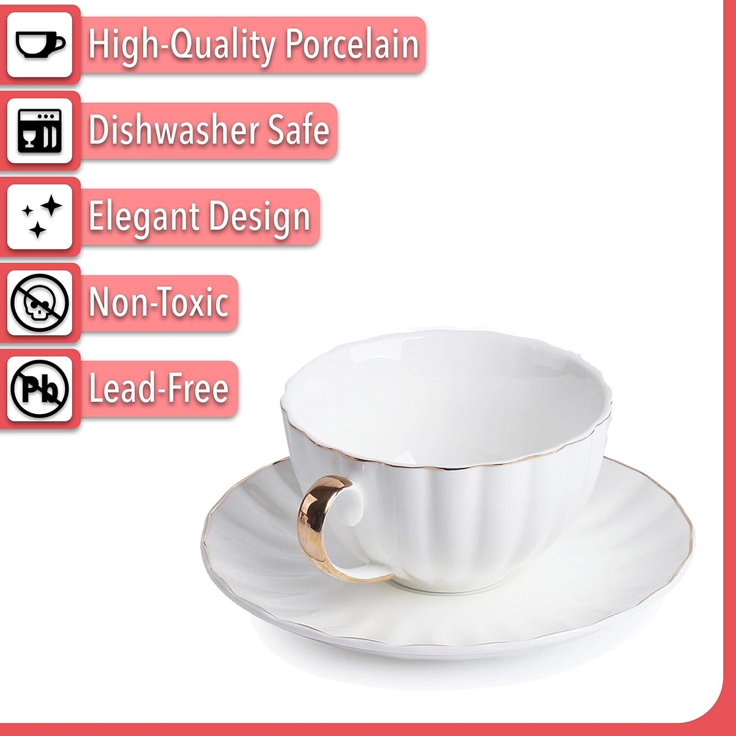 Luxurious 7 oz White Tea Cups and Saucers Set with Golden Trim - Gift Ready!