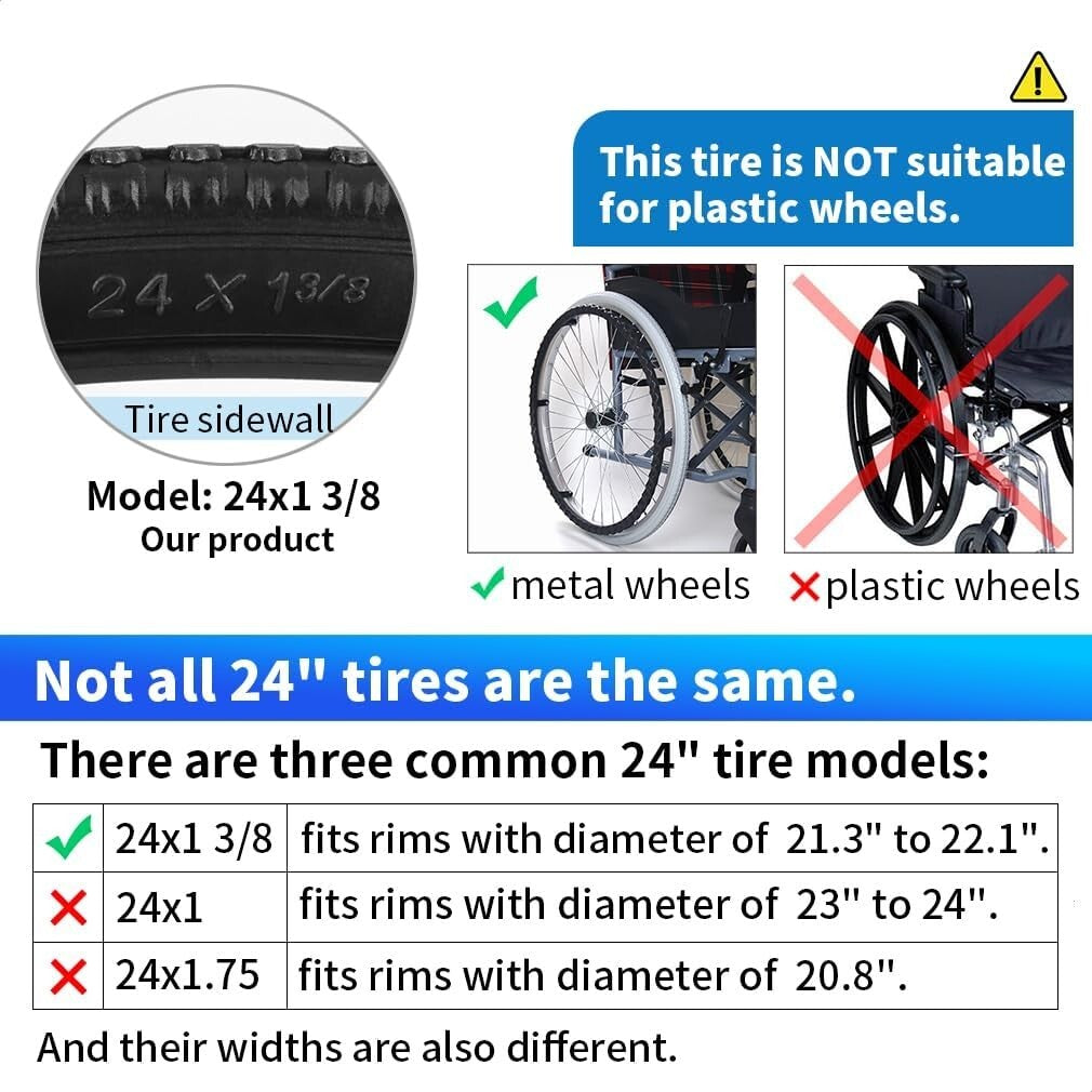 Puncture-Proof 24x1 3/8” Wheelchair Tires - Lightweight Solid Pair for Easy Use