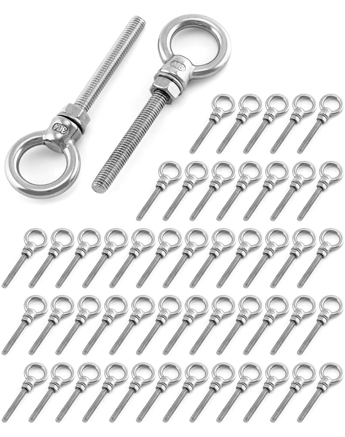 Marine-Grade 1/4" x 2" Long Stainless Steel Eyebolts with Nuts - 50 Count