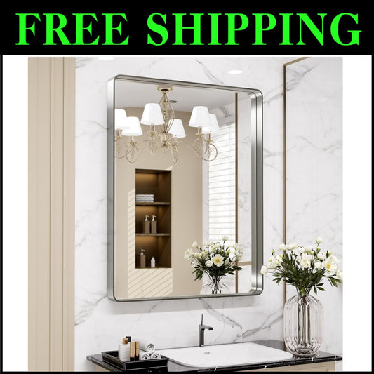 Elegant 28" x 36" Brushed Nickel Bathroom Mirror - Anti-Rust & Distortion-Free