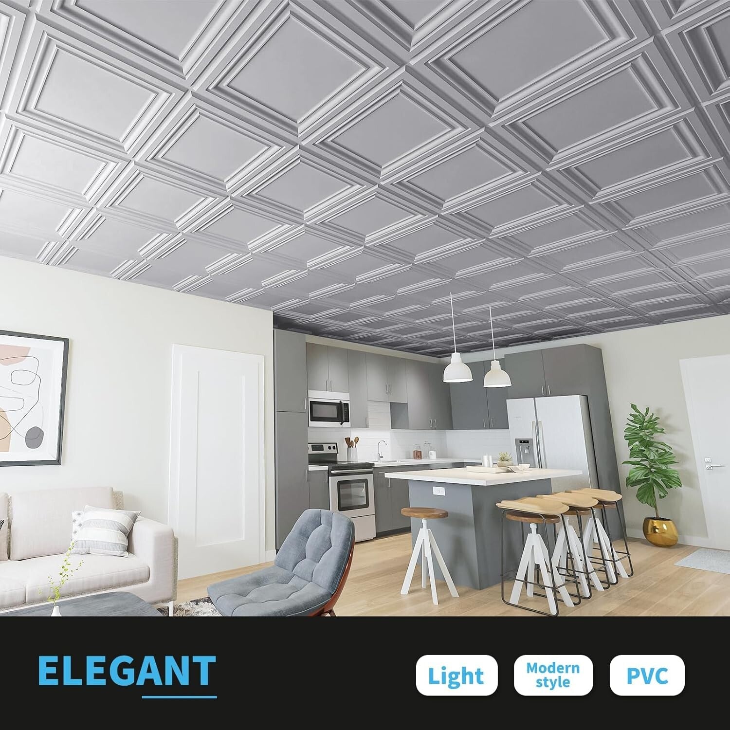 12-Pack 2'x2' PVC Ceiling Tiles in Argent Silver - Durable & Stylish Upgrade