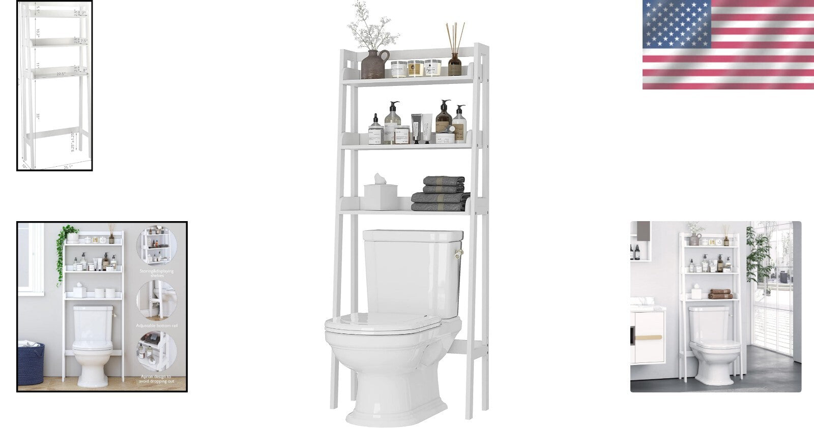 Durable 3-Tier Bathroom Organizer Above Toilet - Easy Assembly, 90lbs Capacity