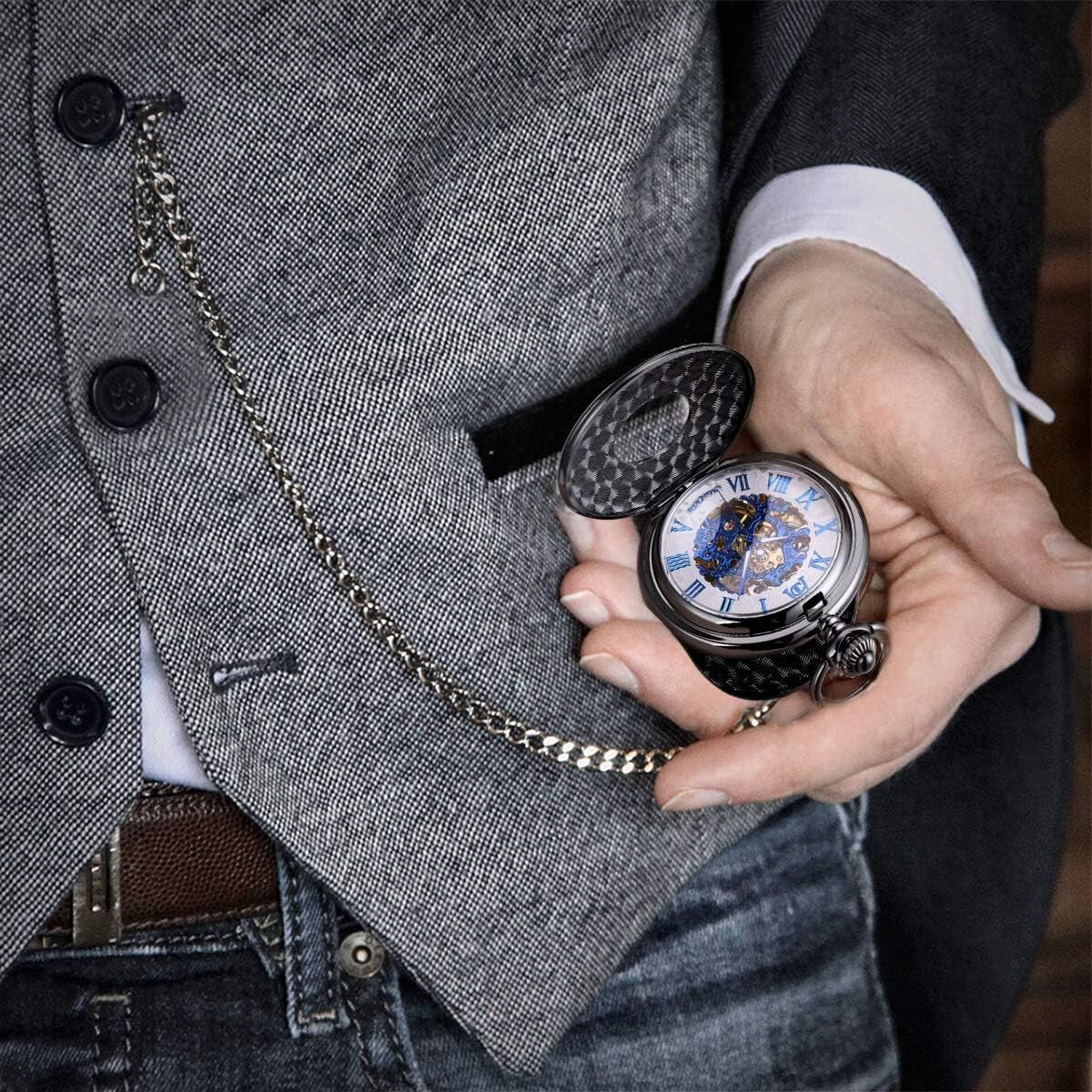 47mm Battery-Free Skeleton Pocket Watch with Custom Engraving - Men’s & Women’s