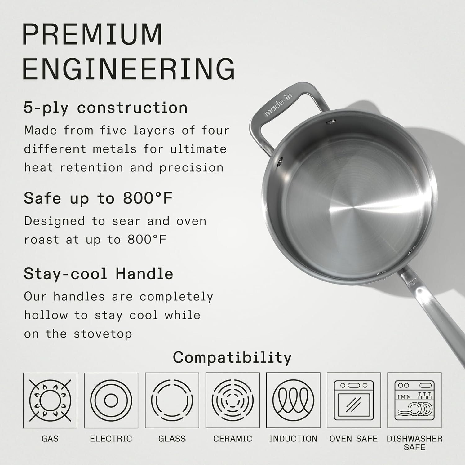 4 Quart Stainless Steel Saucepan - Induction Compatible & Professional Quality