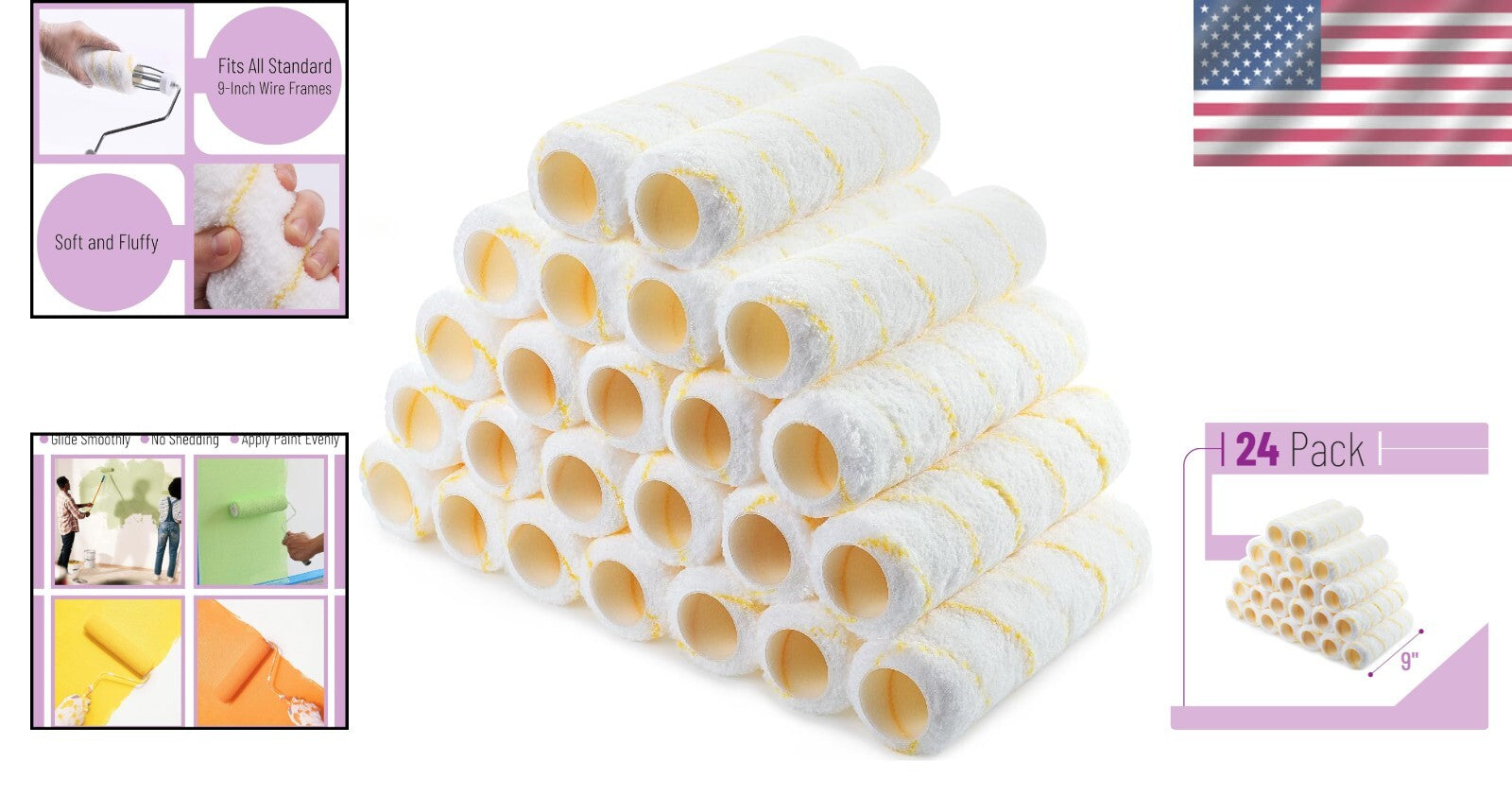 Durable and Washable 9 Inch Paint Roller Covers - 24 Pack for All Projects