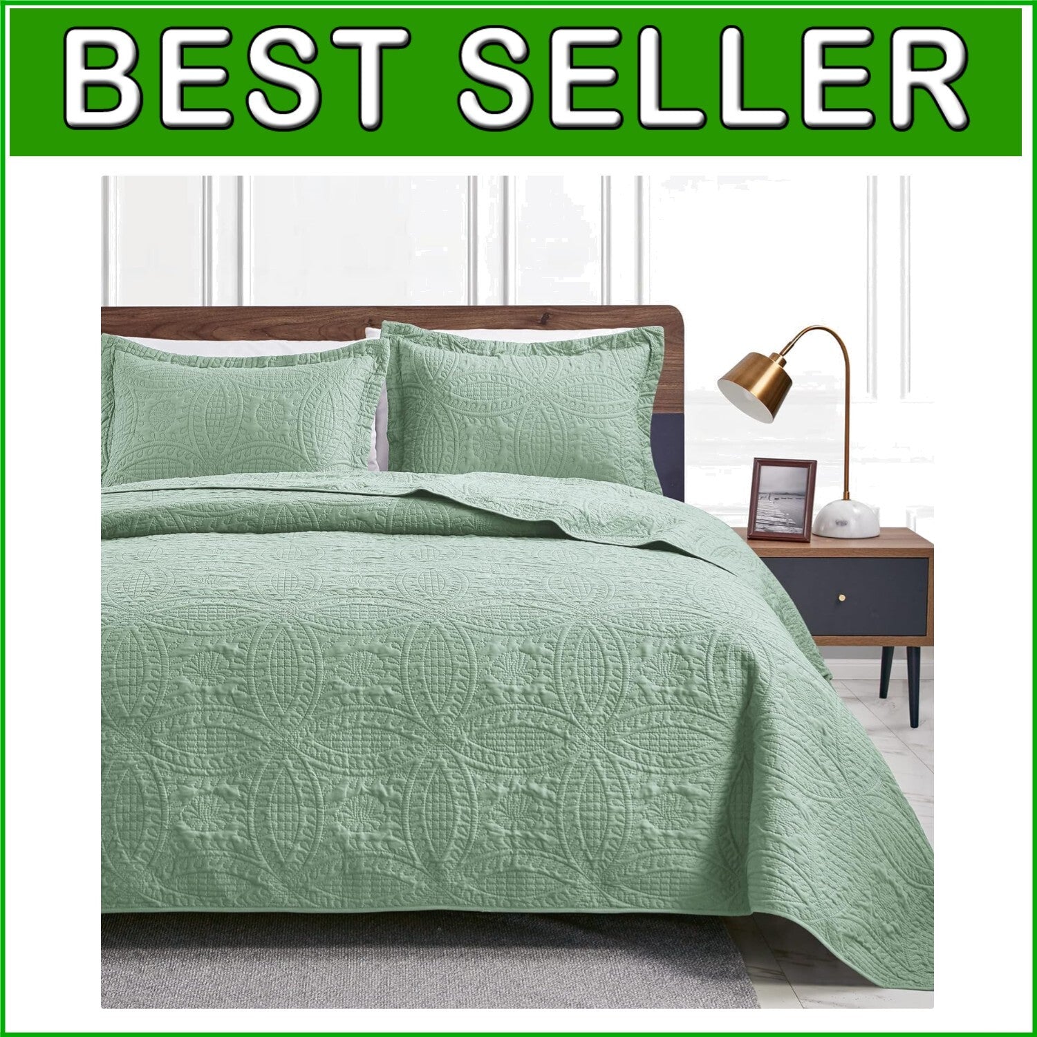 Elegant King Size Quilt Set - 3-Piece Sage Bedspread with Modern Coin Pattern