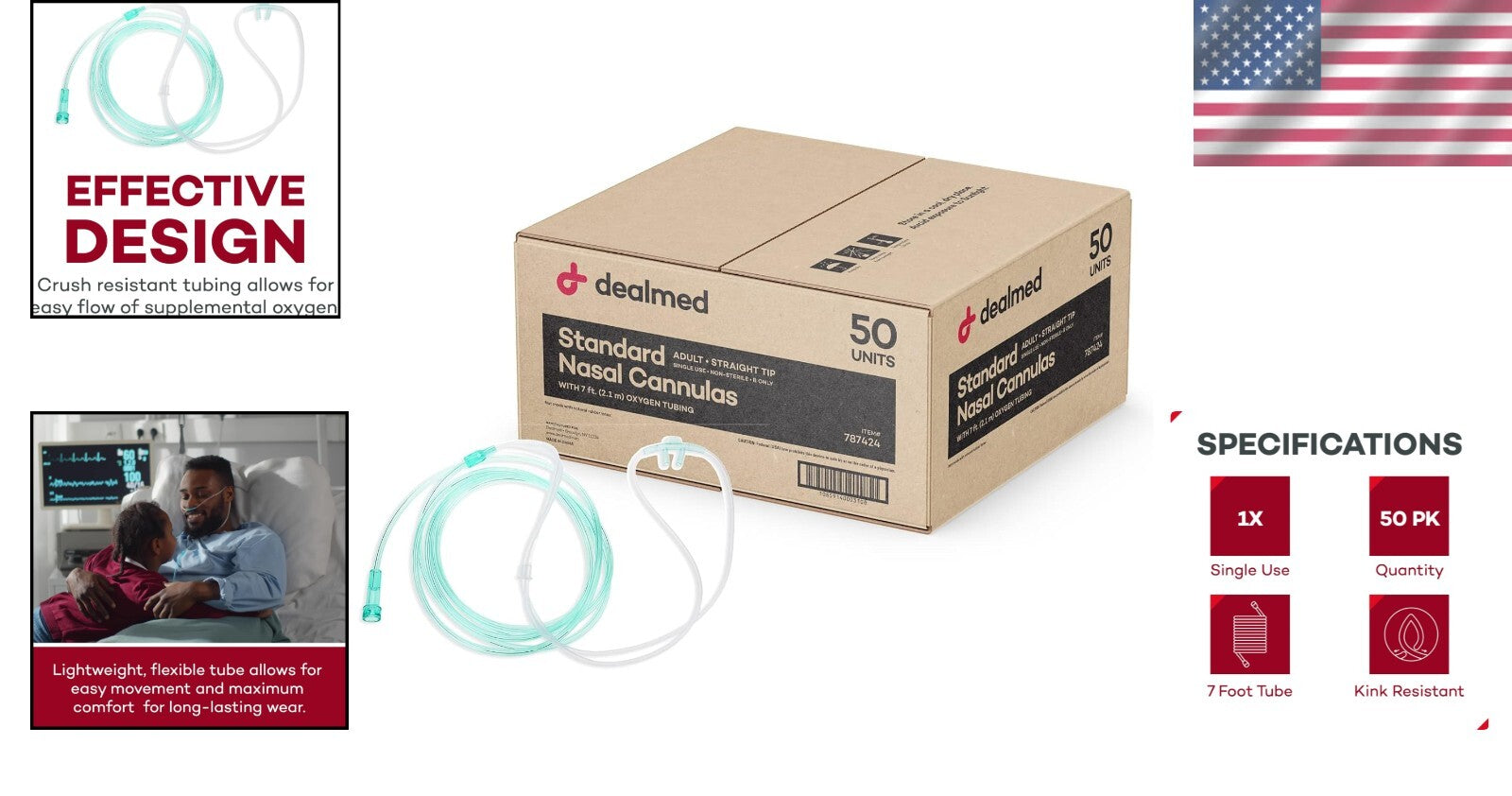 7ft Lightweight Nasal Cannula with Crush Resistant Design – 50 Pack for Adults