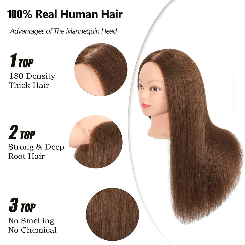 18" Brown Human Hair Mannequin Head - Perfect for Cosmetology Training