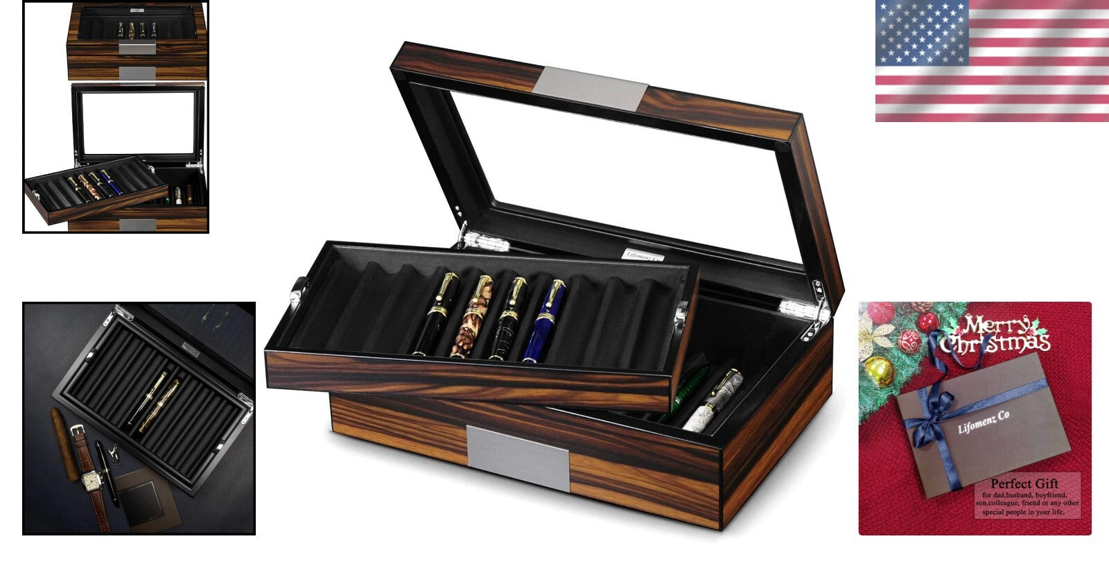 Portable Ebony Wood Pen Case with Glass Window - Protects & Displays 20 Pens