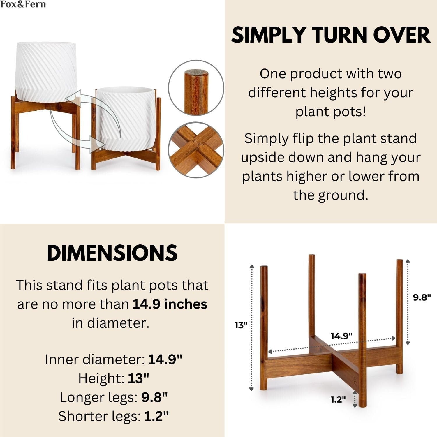 Elegant Mid Century Acacia Wood Plant Stand - Fits 14.9 Inch Pots, No Assembly