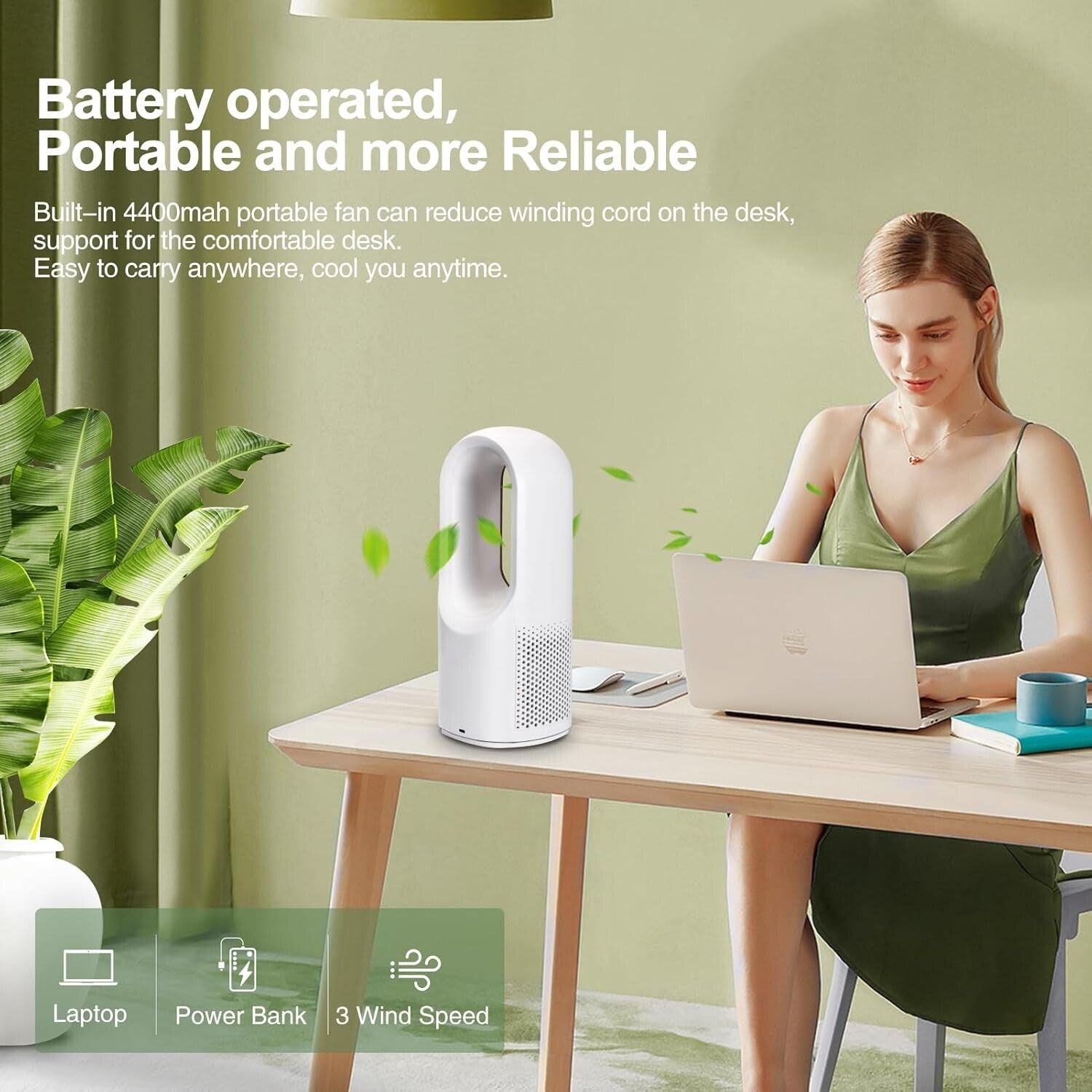 11.8 Inch Sleek Bladeless Portable Fan with Touch Control & 3 Speed Settings