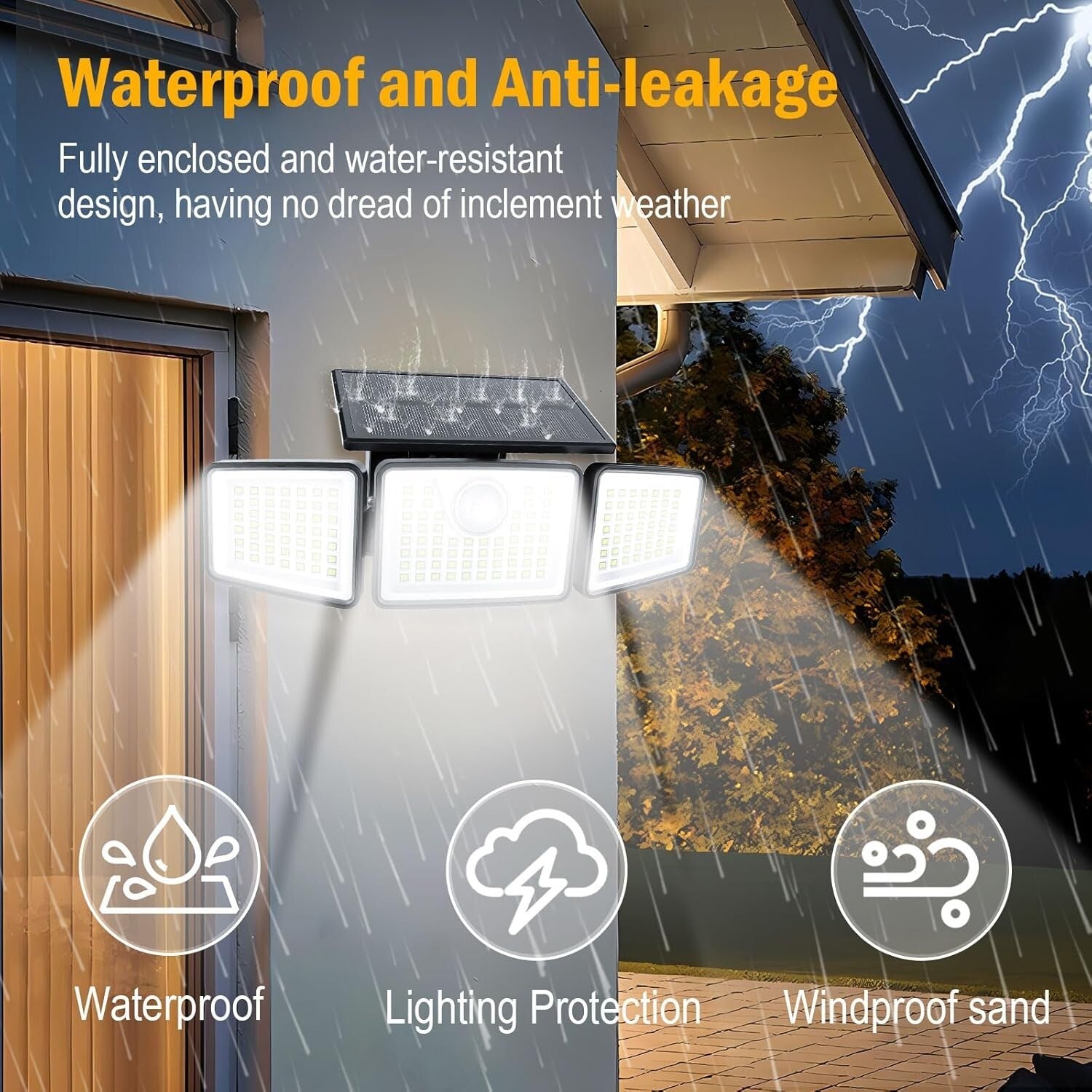 IP65 Waterproof Solar 3-Head Lights with Motion Sensor, 270° Wide Angle - 2 Pcs