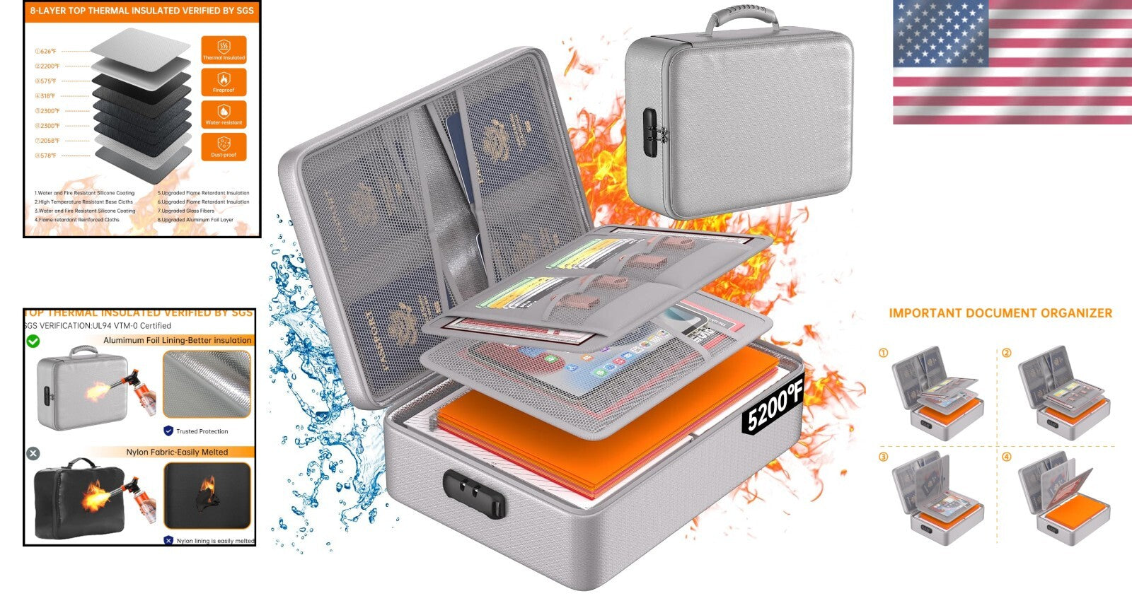 5200°F Fireproof Document Organizer with Lock - Waterproof Travel Safe Storage