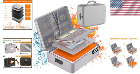 5200°F Fireproof Document Organizer with Lock - Waterproof Travel Safe Storage