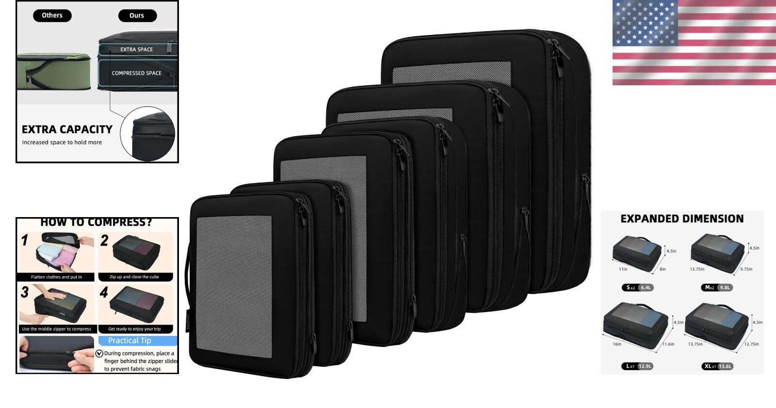 Expandable 6 Set Compression Packing Cubes for Efficient Travel Organization