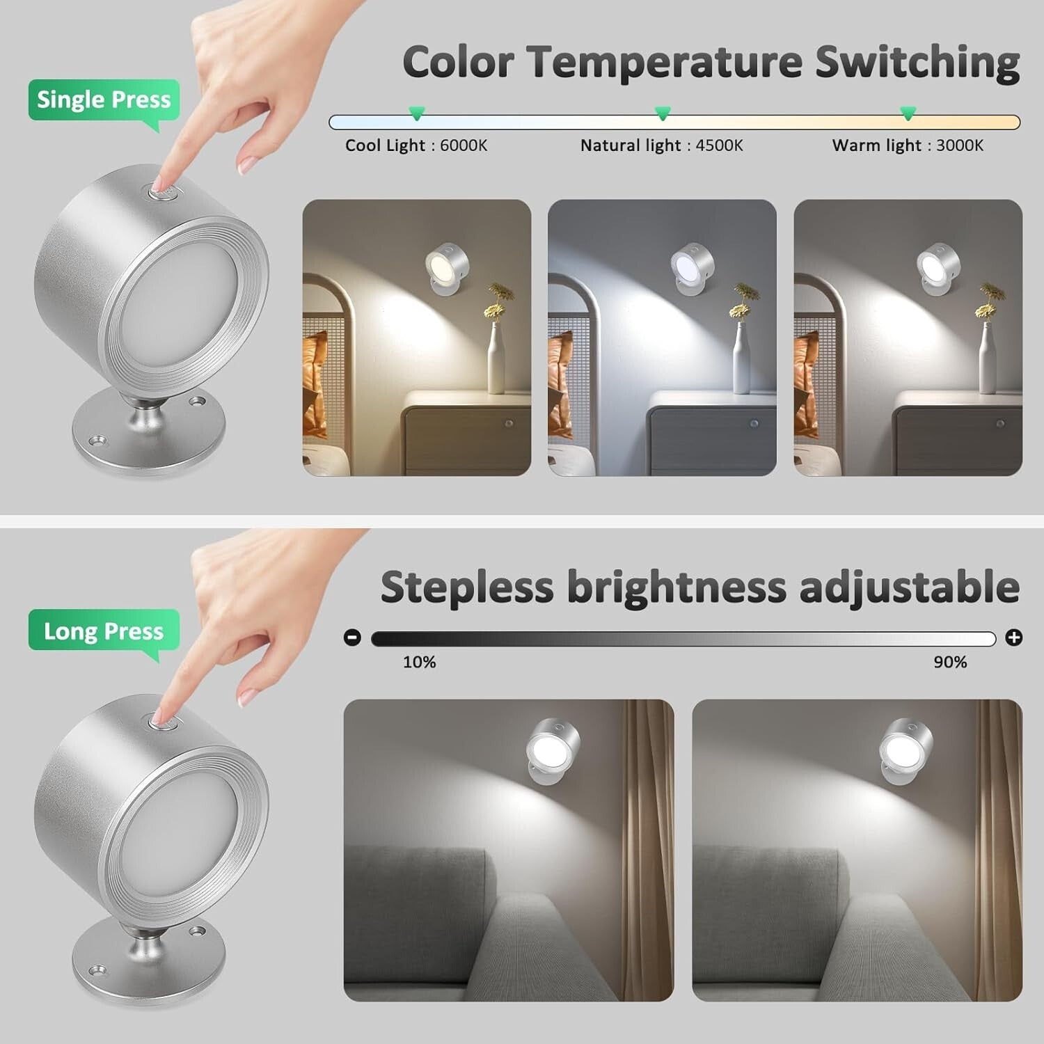 Battery Operated LED Wall Lights with Magnetic Rotation - Dimmable & 3 Colors