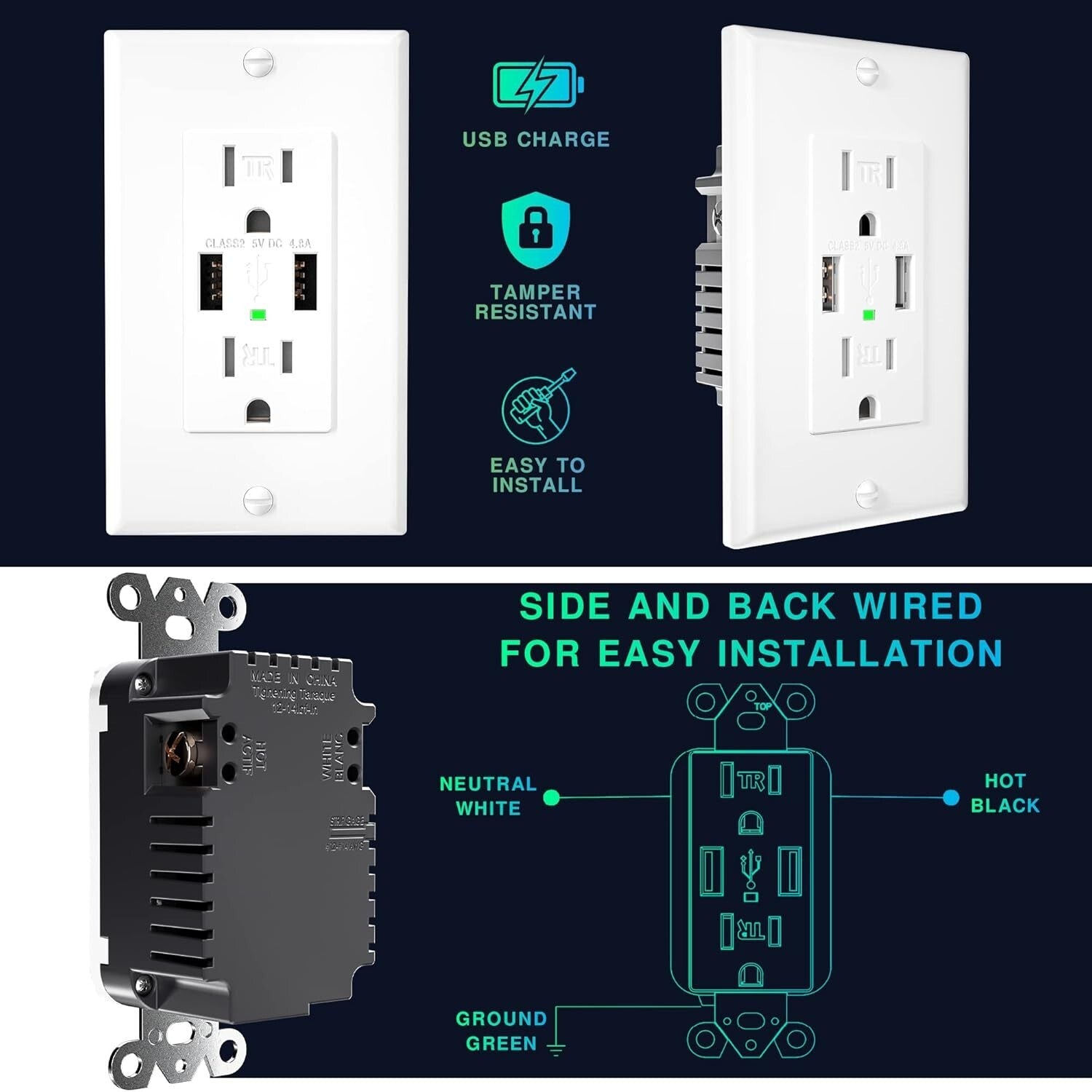 Modern 4-Pack USB Outlets - 15Amp Tamper-Resistant, Ideal for Versatile Use