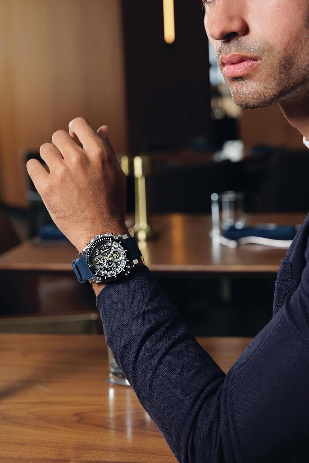 Men’s Stylish Chronograph Watch with Stainless Steel and Blue Silicone Strap