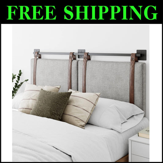 Harlow Wall-Mount Headboard Queen - Gray with Brown Faux Leather Straps