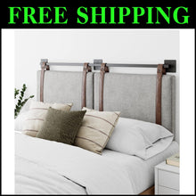 Load image into Gallery viewer, Harlow Wall-Mount Headboard Queen - Gray with Brown Faux Leather Straps