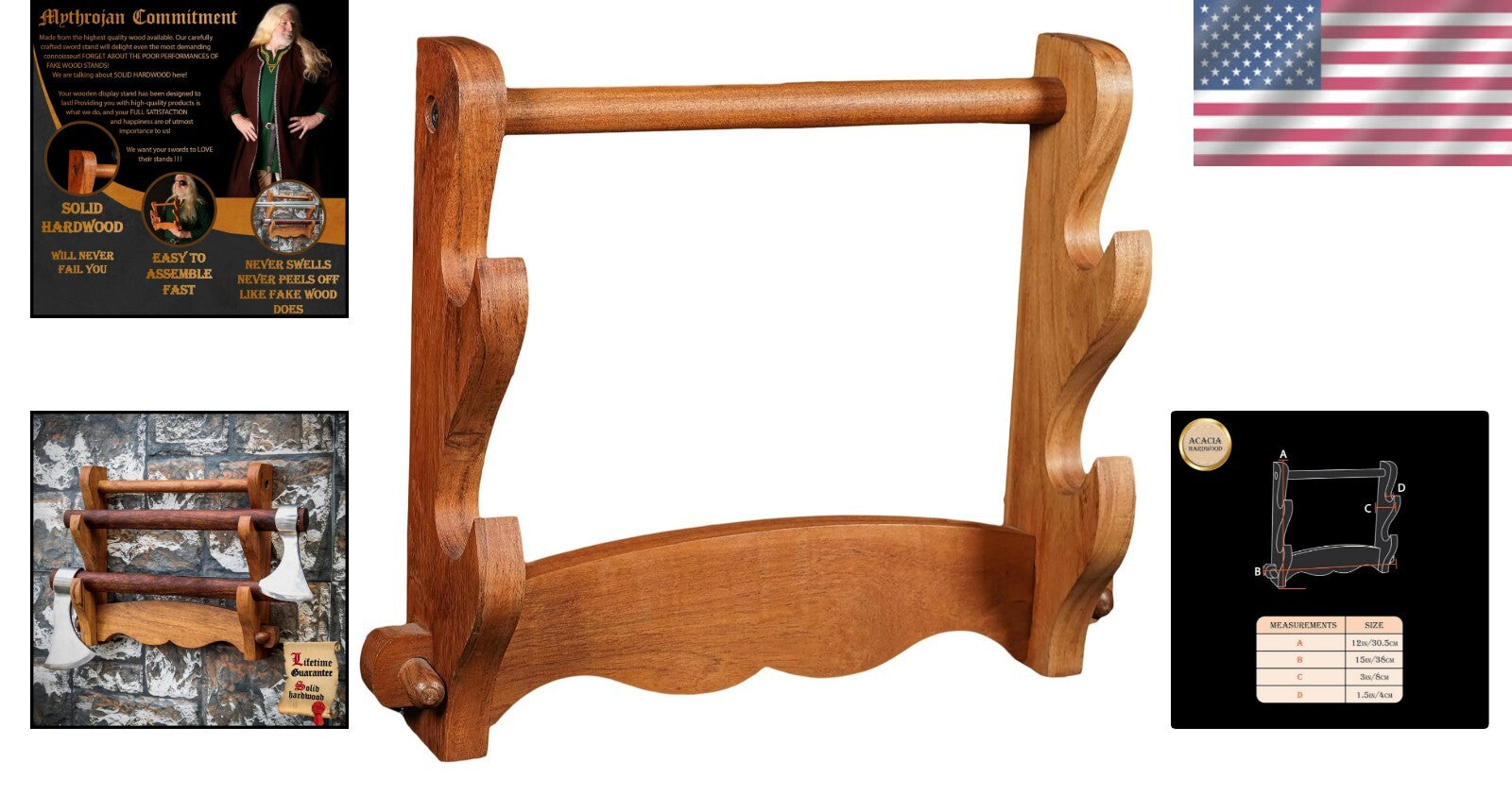 Elegant Two-Tier Solid Wood Sword Display Stand for Katana & Medieval Swords