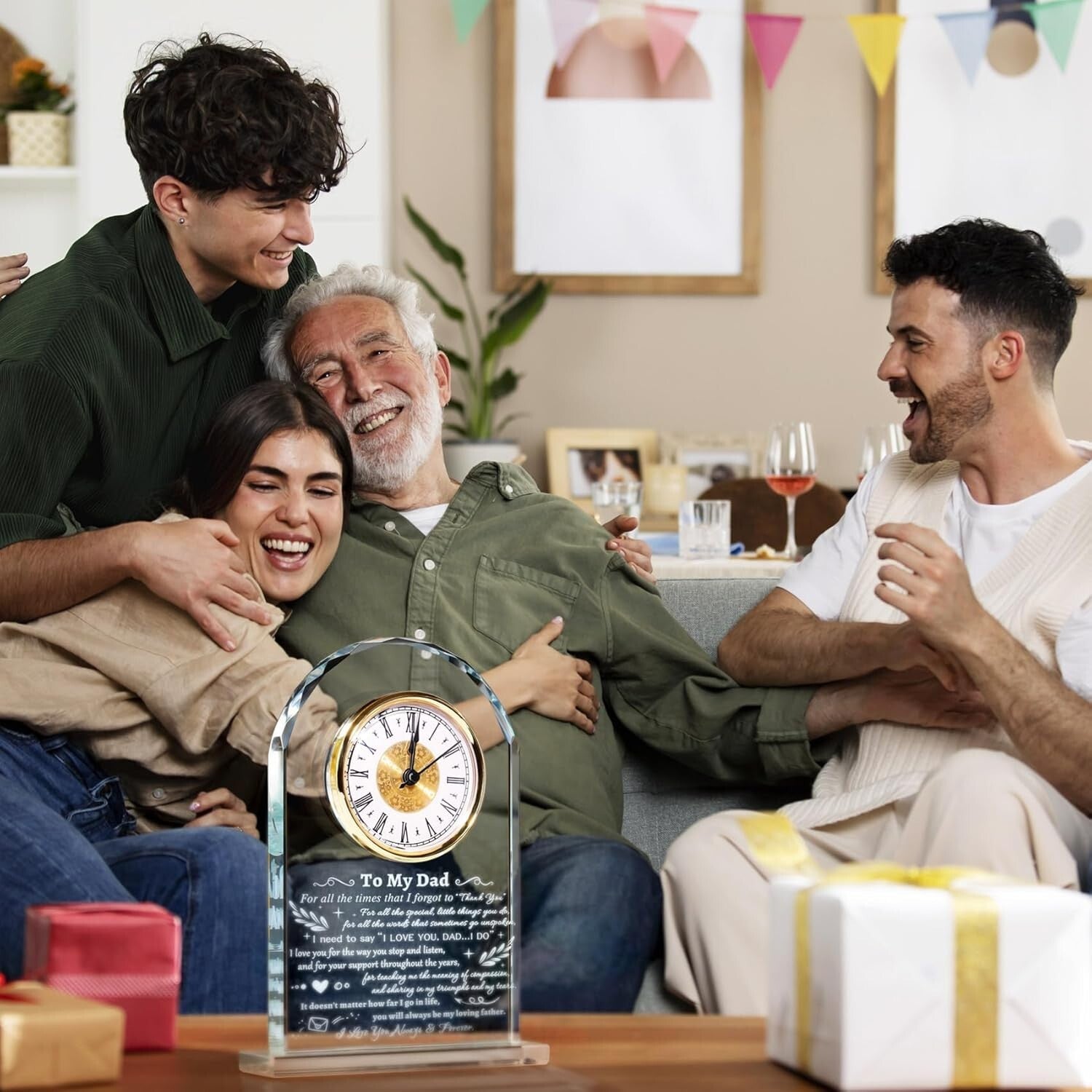 Elegant Quartz Clock with Meaningful Quote - Framed Glass Gift for Fathers