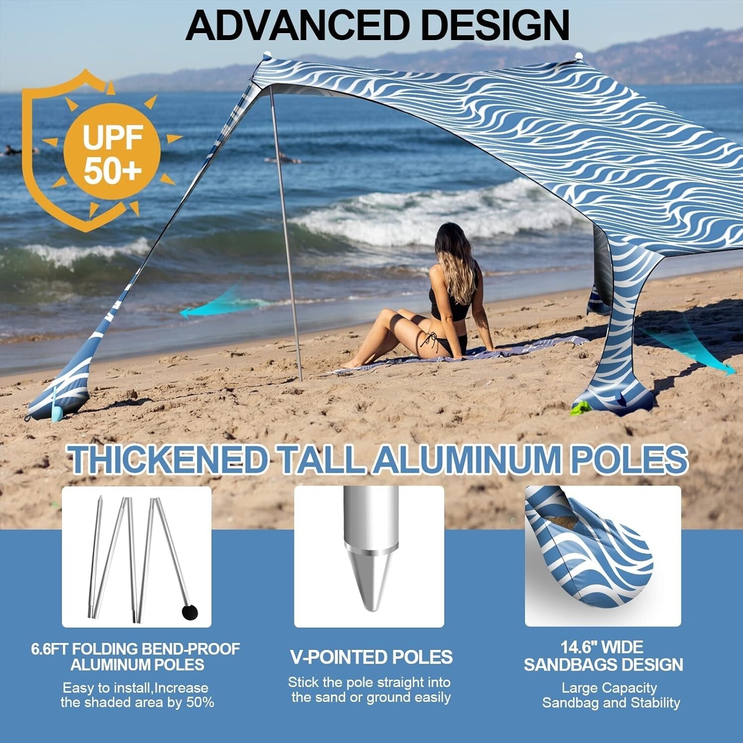 Durable 10x10ft Sun Shelter - Beach Canopy with Foldable Poles & Windproof Ropes