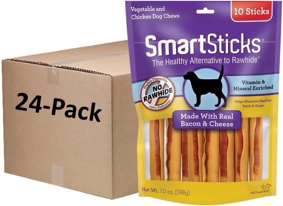 Tasty Rawhide-Free Dog Chews: Bacon & Cheese, Perfect for All Breeds, 24 Packs